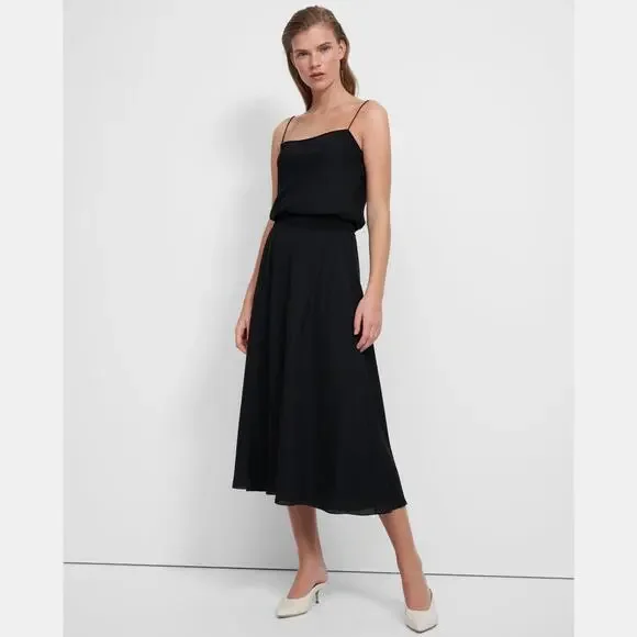 THEORY Silk Rib-knit Waist Midi-dress In Black Size Small - Picture 1 of 10